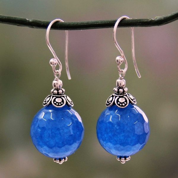Alternate image for India Handmade Sterling Silver Dark Blue Chalcedony Earrings Ocean Magic