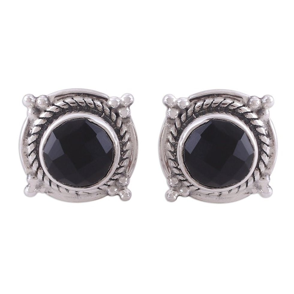 Black Onyx and Sterling Silver Button Earrings from India 'Bubbly Gleam'