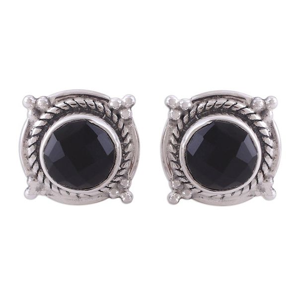 Alternate image for Black Onyx and Sterling Silver Button Earrings from India Bubbly Gleam