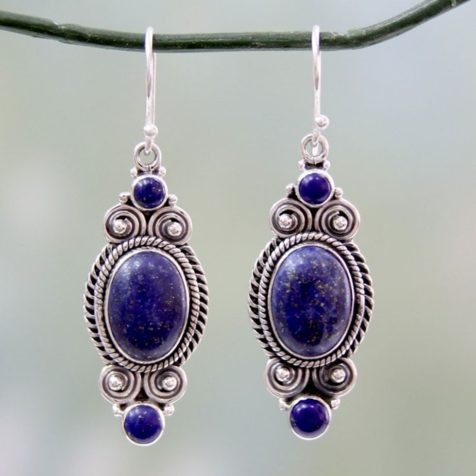 Ornate Sterling Silver Dangle Earrings with Lapis Lazuli 'Johari Treasure'