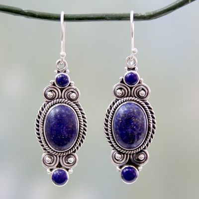 Alternate image for Ornate Sterling Silver Dangle Earrings with Lapis Lazuli Johari Treasure