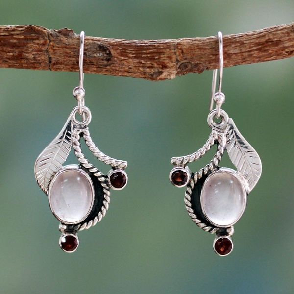 Alternate image for Handmade Earrings Rose Quartz and Garnet from India Dew Blossom