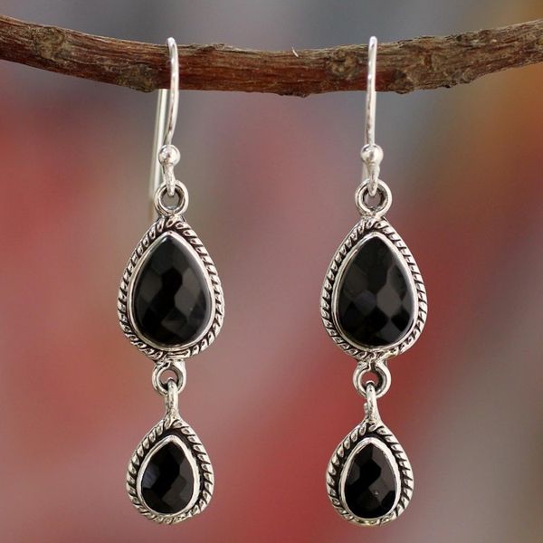 Alternate image for Onyx Earrings Handmade with Sterling Silver India Jewelry Midnight Teardrops