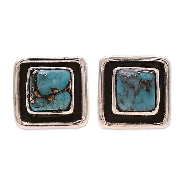 Alternate image for Square Sterling Silver and Composite Turquoise Stud Earrings Mystic Frame