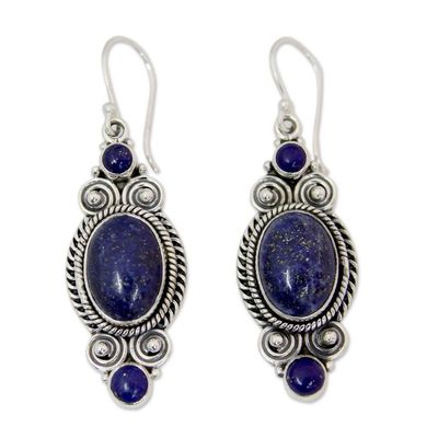 Alternate image for Ornate Sterling Silver Dangle Earrings with Lapis Lazuli Johari Treasure