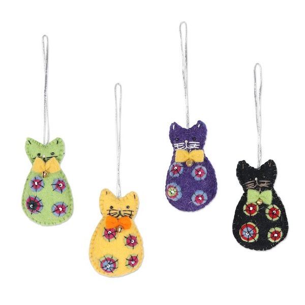 Alternate image for Set of 4 Colorful Cat Wool Felt Holiday Ornaments Crafty Cats