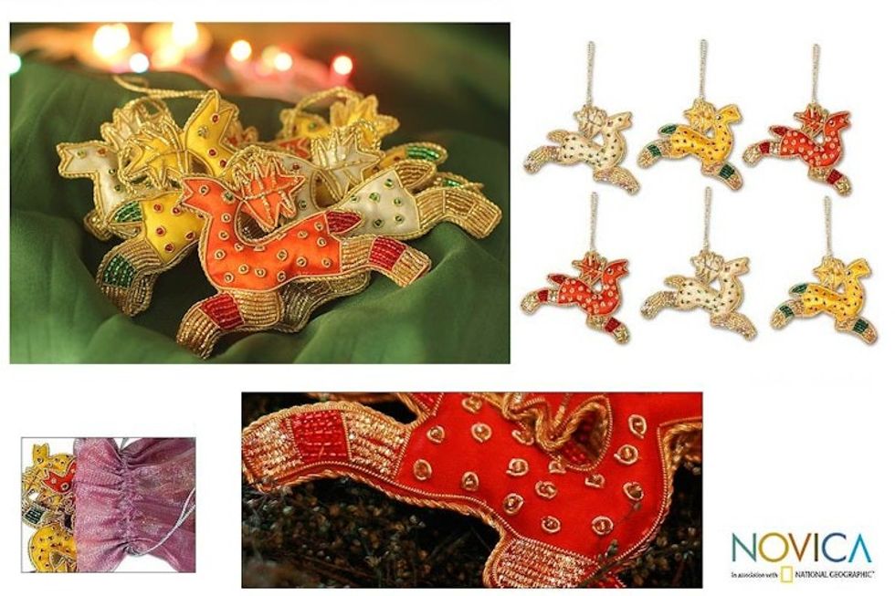 6 Beaded Hand Crafted Christmas Tree Ornaments from India 'Reindeer Gang'
