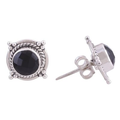 Alternate image for Black Onyx and Sterling Silver Button Earrings from India Bubbly Gleam