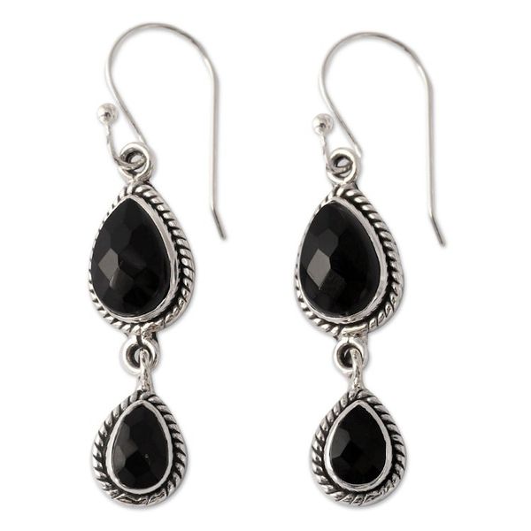 Alternate image for Onyx Earrings Handmade with Sterling Silver India Jewelry Midnight Teardrops