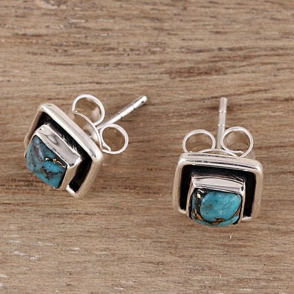 Alternate image for Square Sterling Silver and Composite Turquoise Stud Earrings Mystic Frame