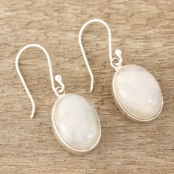 Alternate image for Natural Rainbow Moonstone Dangle Earrings from India Eternal Ovals