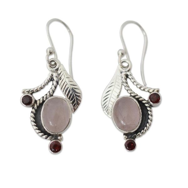 Alternate image for Handmade Earrings Rose Quartz and Garnet from India Dew Blossom