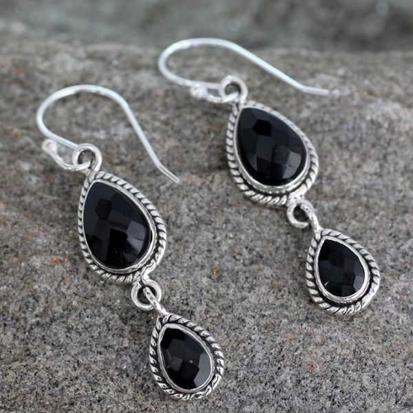 Alternate image for Onyx Earrings Handmade with Sterling Silver India Jewelry Midnight Teardrops
