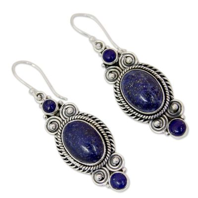 Alternate image for Ornate Sterling Silver Dangle Earrings with Lapis Lazuli Johari Treasure