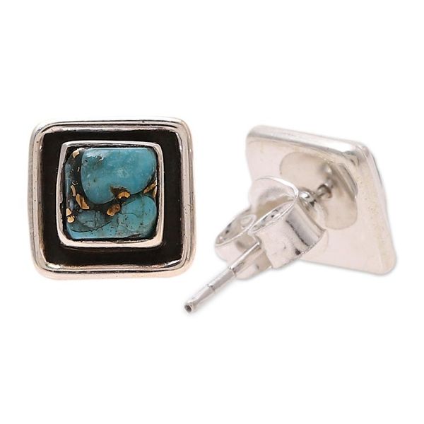 Alternate image for Square Sterling Silver and Composite Turquoise Stud Earrings Mystic Frame