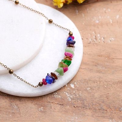 Alternate image for Colorful Brass and Quartz Beaded Pendant Necklace from India Rainbow Fantasy