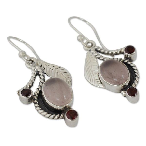 Alternate image for Handmade Earrings Rose Quartz and Garnet from India Dew Blossom