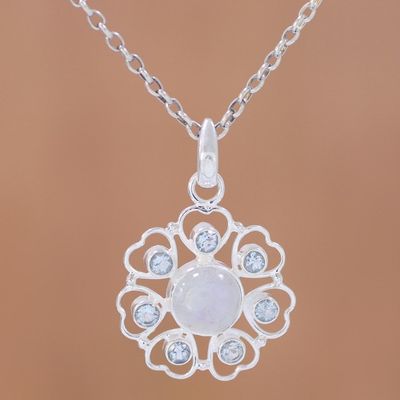 Alternate image for Rainbow Moonstone and Blue Topaz Pendant Necklace from India Circle of Hearts