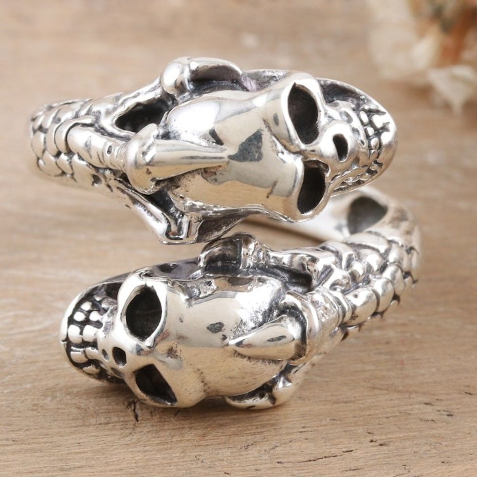 Sterling Silver Wrap Ring with Skull Motifs 'Fierce Souls'