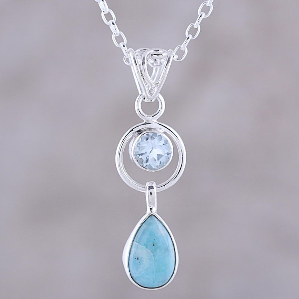 Larimar and Blue Topaz Pendant Necklace from India 'Gleaming Daylight'