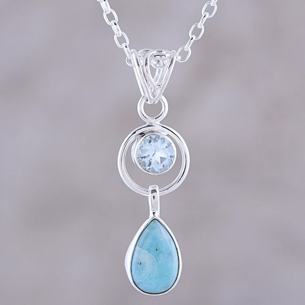 Alternate image for Larimar and Blue Topaz Pendant Necklace from India Gleaming Daylight