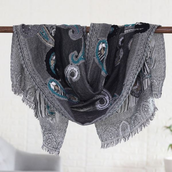 Alternate image for Hand-Embroidered Wool Shawl with Turquoise Details Caribbean Paisley