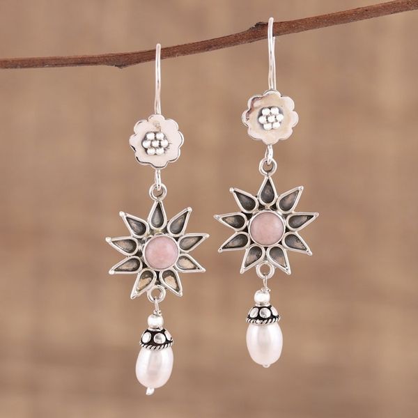 Alternate image for Pink Opal and Cultured Pearl Dangle Earrings from India Blissful and Bright