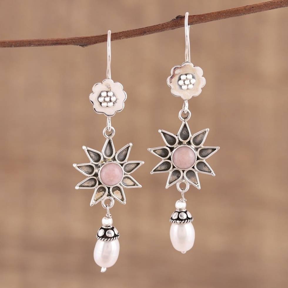 Pink Opal and Cultured Pearl Dangle Earrings from India 'Blissful and Bright'