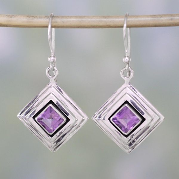 Alternate image for Amethyst and Sterling Silver Modern Earrings from India Feminine Purple