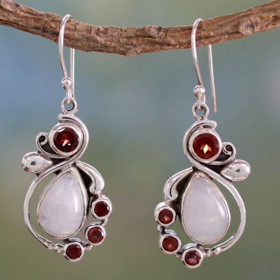 Handmade Garnet Earrings with Rainbow Moonstone 'Exquisite'