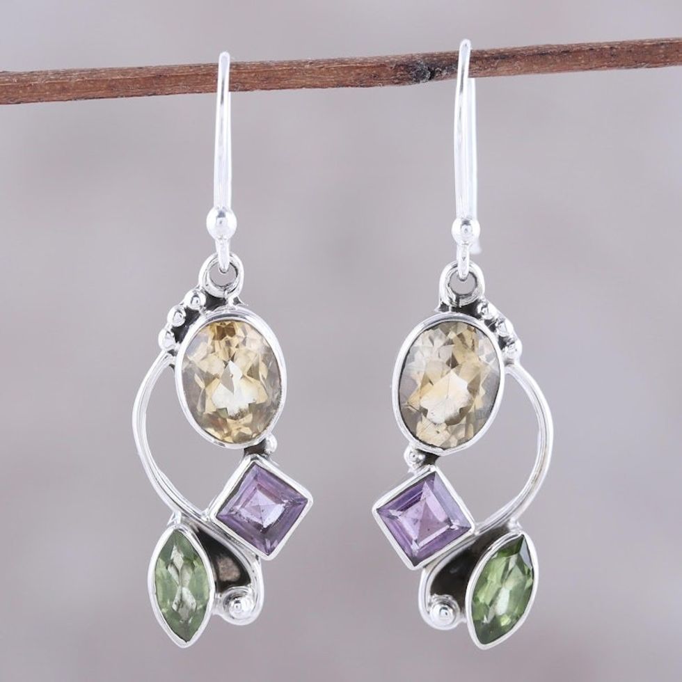 Citrine Amethyst Peridot and Sterling Silver Dangle Earrings 'Sun with Violets'