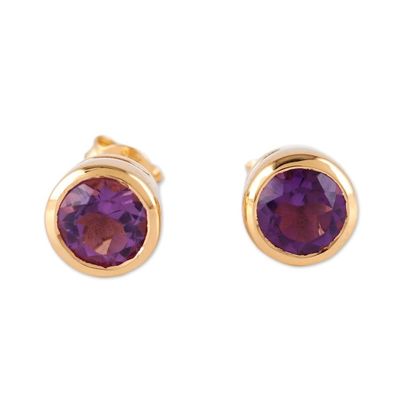 Alternate image for 22k Gold-Plated Round Stud Earrings with Amethyst Gems Golden Wise World