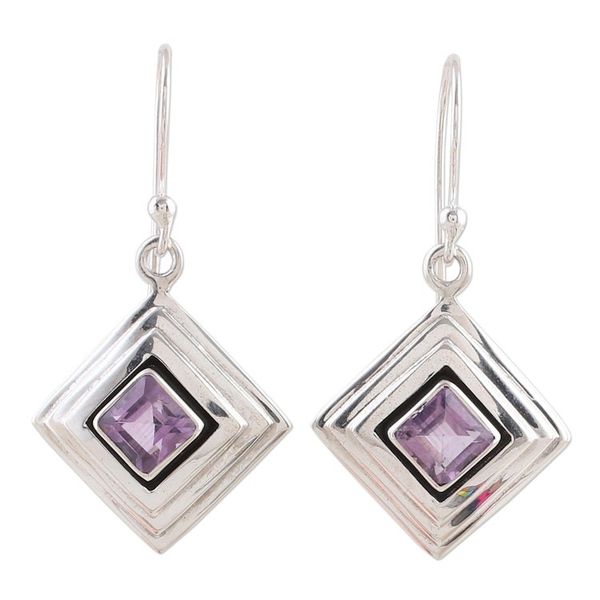 Alternate image for Amethyst and Sterling Silver Modern Earrings from India Feminine Purple