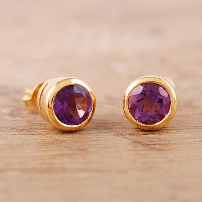 Alternate image for 22k Gold-Plated Round Stud Earrings with Amethyst Gems Golden Wise World