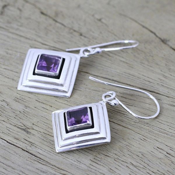 Alternate image for Amethyst and Sterling Silver Modern Earrings from India Feminine Purple