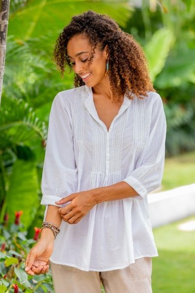 Alternate image for White Cotton Blouse with Beadwork and Pintucks Udaipur Lake in White