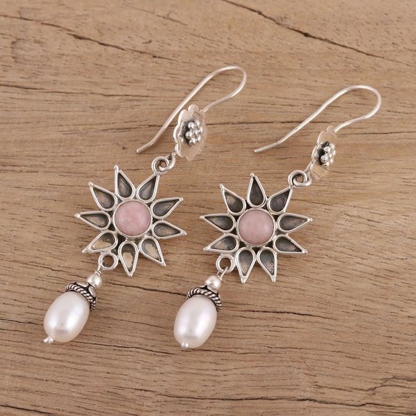 Alternate image for Pink Opal and Cultured Pearl Dangle Earrings from India Blissful and Bright
