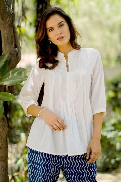 Alternate image for White Cotton Blouse with Beadwork and Pintucks Udaipur Lake in White