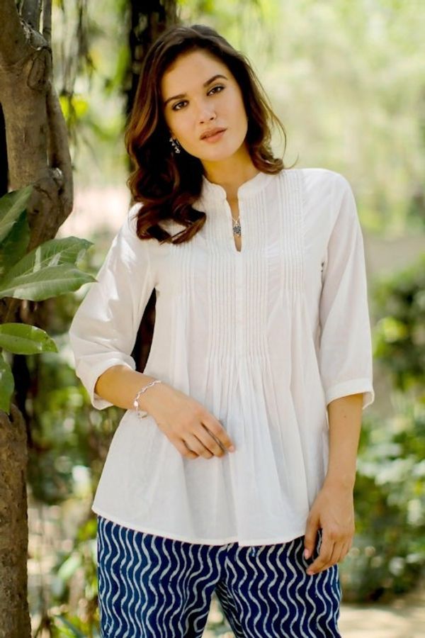 Alternate image for White Cotton Blouse with Beadwork and Pintucks Udaipur Lake in White