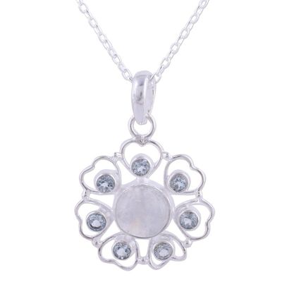 Alternate image for Rainbow Moonstone and Blue Topaz Pendant Necklace from India Circle of Hearts