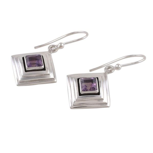 Alternate image for Amethyst and Sterling Silver Modern Earrings from India Feminine Purple