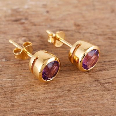 Alternate image for 22k Gold-Plated Round Stud Earrings with Amethyst Gems Golden Wise World