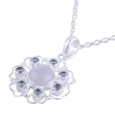 Alternate image for Rainbow Moonstone and Blue Topaz Pendant Necklace from India Circle of Hearts