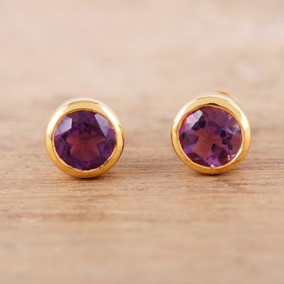 Alternate image for 22k Gold-Plated Round Stud Earrings with Amethyst Gems Golden Wise World