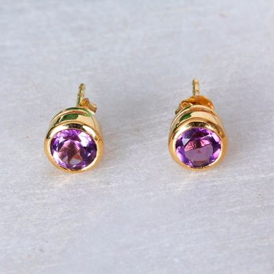 Alternate image for 22k Gold-Plated Round Stud Earrings with Amethyst Gems Golden Wise World