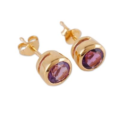 Alternate image for 22k Gold-Plated Round Stud Earrings with Amethyst Gems Golden Wise World