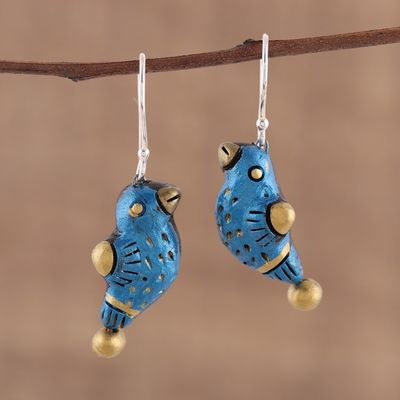 Alternate image for Hand Crafted Terracotta Blue Bird Earrings from India Dancing Sparrow