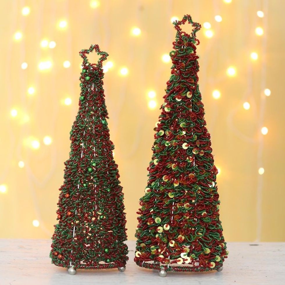 Hand Threaded Glass Beaded Christmas Tree Ornaments Pair 'Sparkling Christmas'