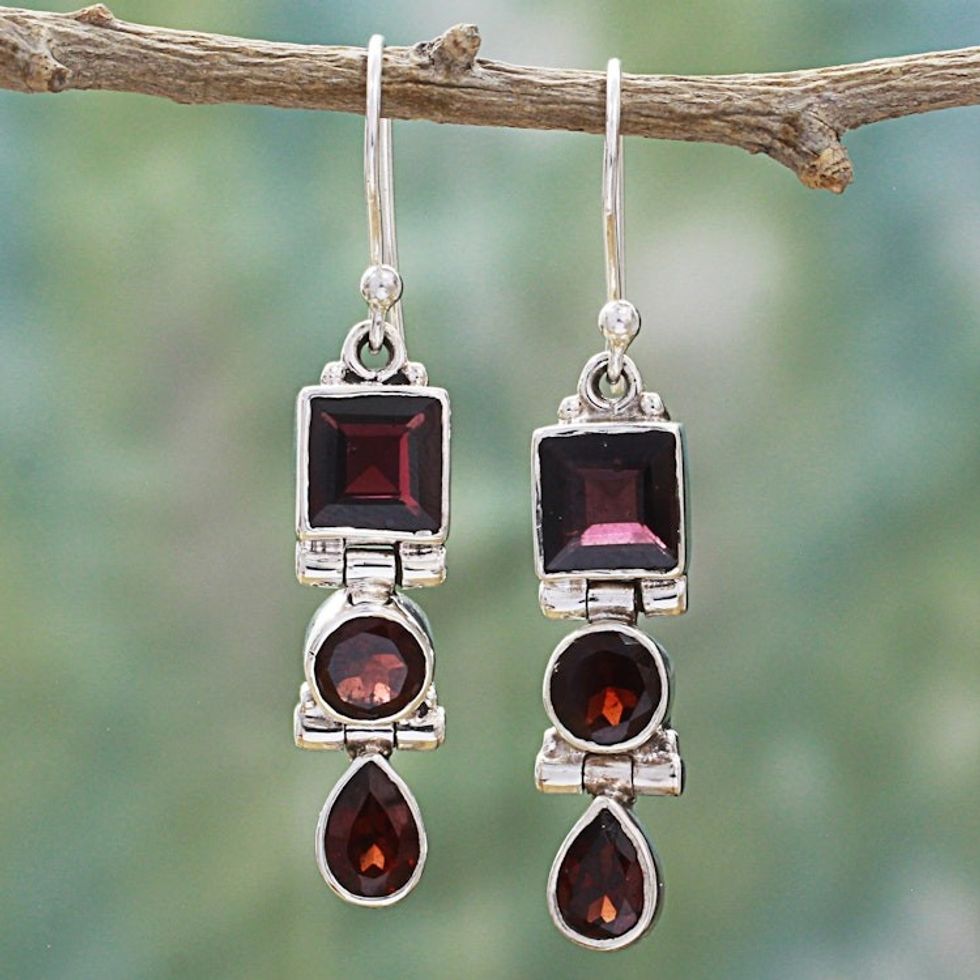 Geometric Garnet and Sterling Silver Dangle Earrings 'Radiant Glamour'