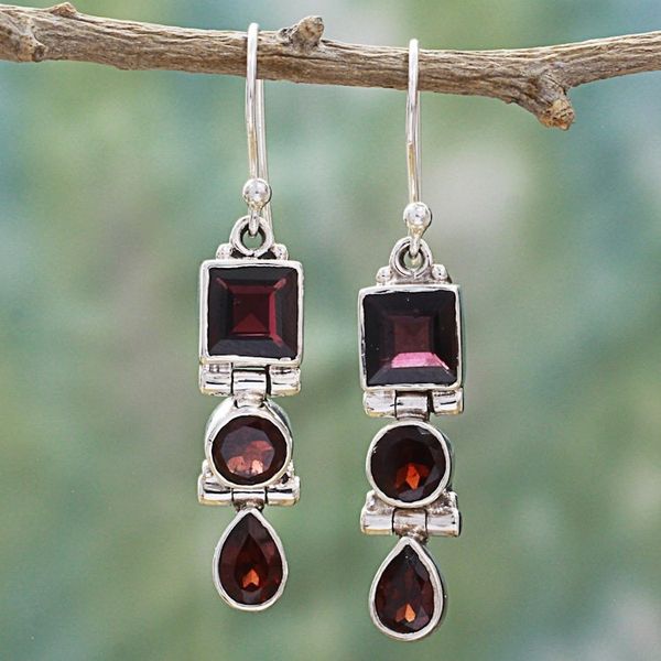 Alternate image for Geometric Garnet and Sterling Silver Dangle Earrings Radiant Glamour